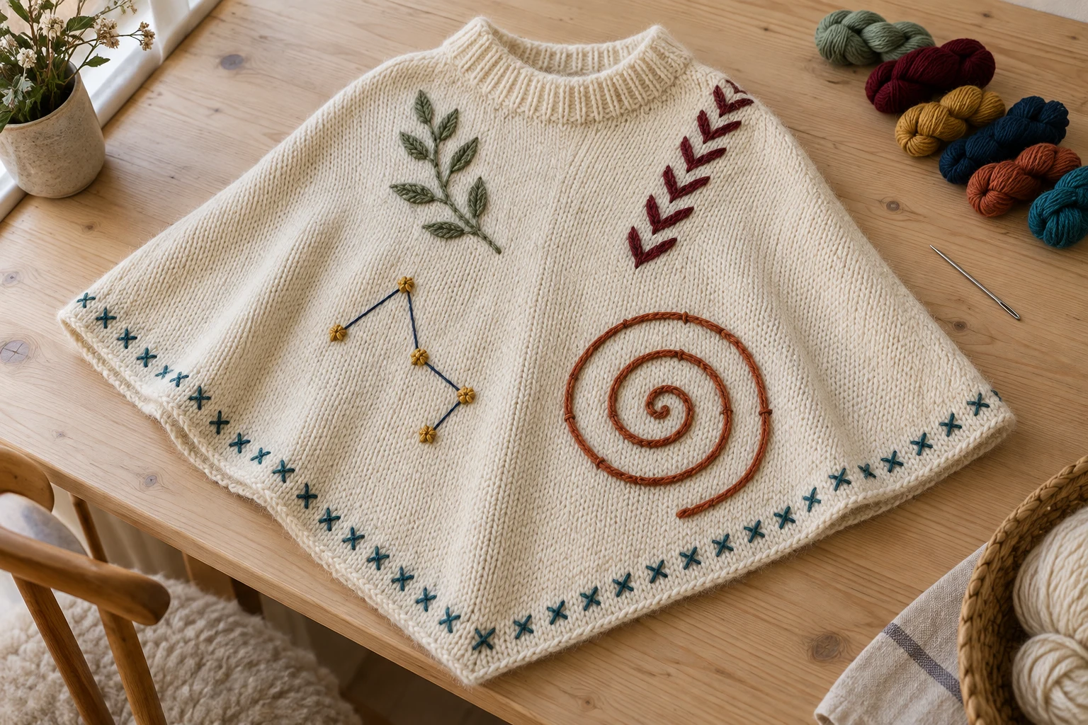 Poncho en laine écrue décoré d’une branche, de chevrons, d’une constellation, d’une spirale et d’une bordure de croix