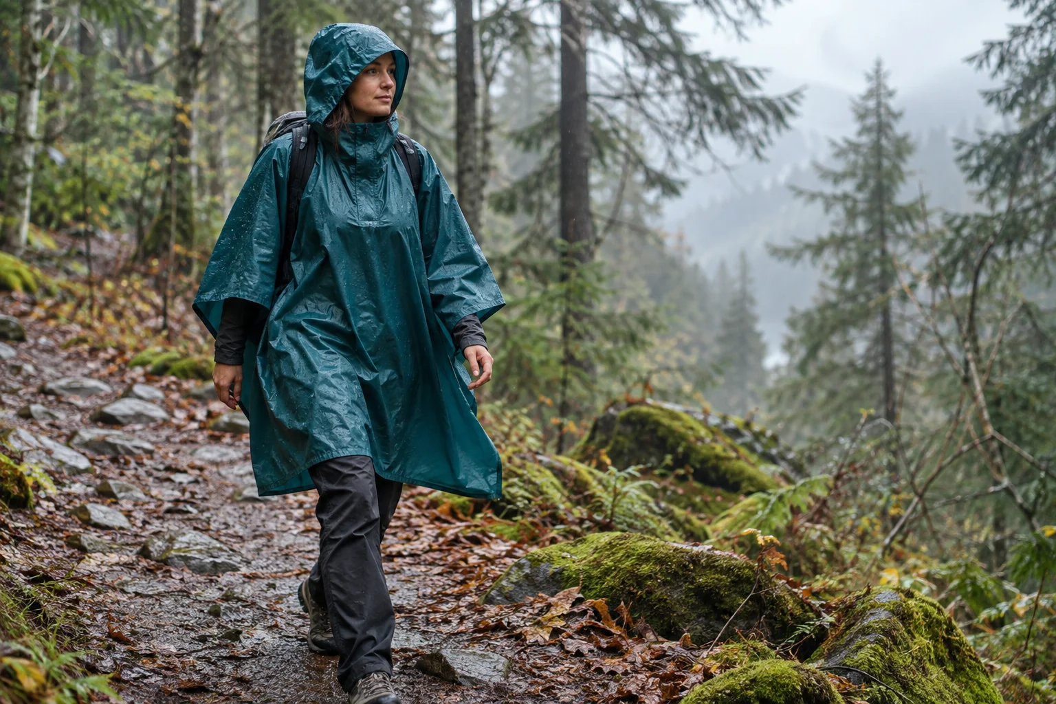 Randonneuse en poncho de pluie bleu sur un sentier forestier humide