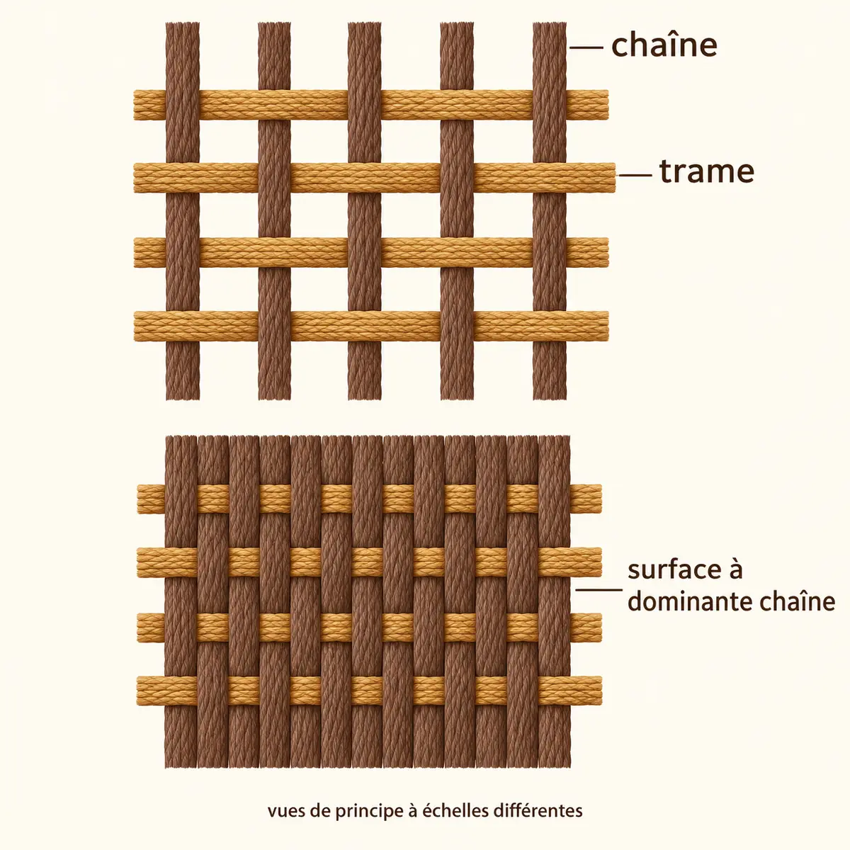 Deux vues schématiques du croisement chaîne et trame, avec une chaîne resserrée qui domine la surface