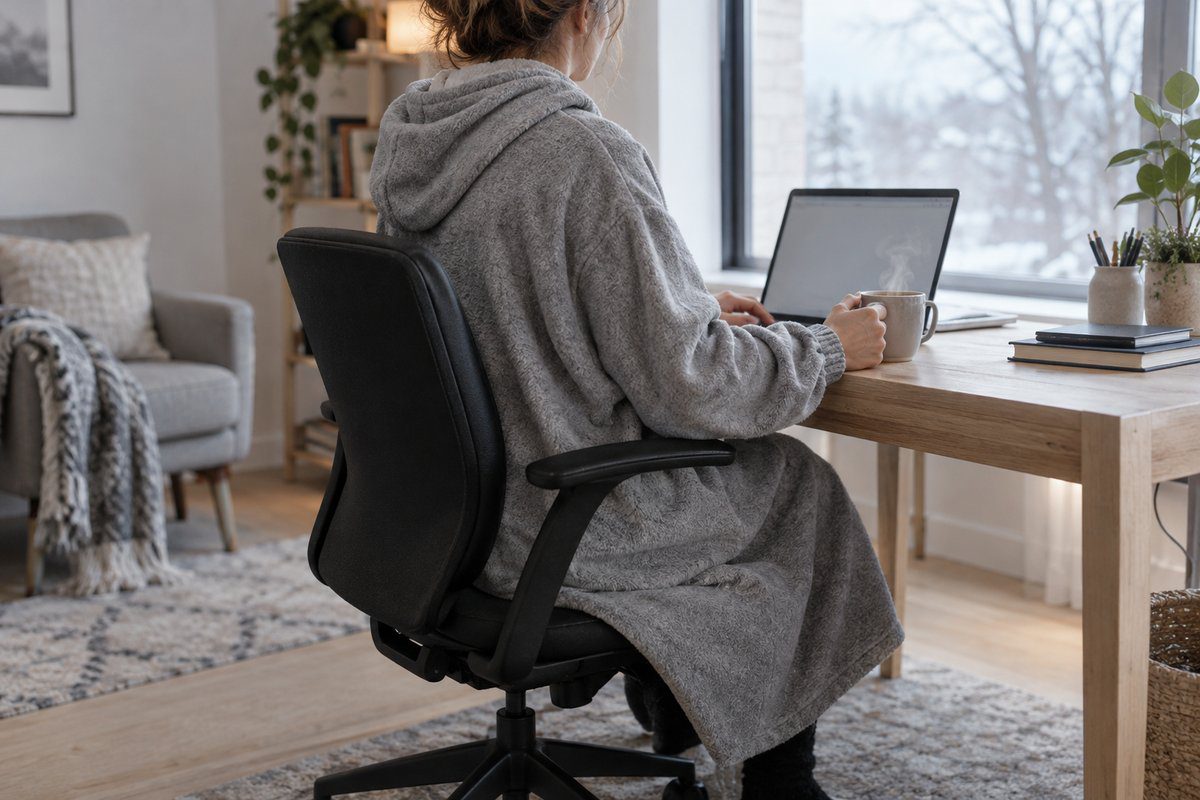 Personne en poncho polaire gris zippé travaillant sur ordinateur portable à un bureau de maison