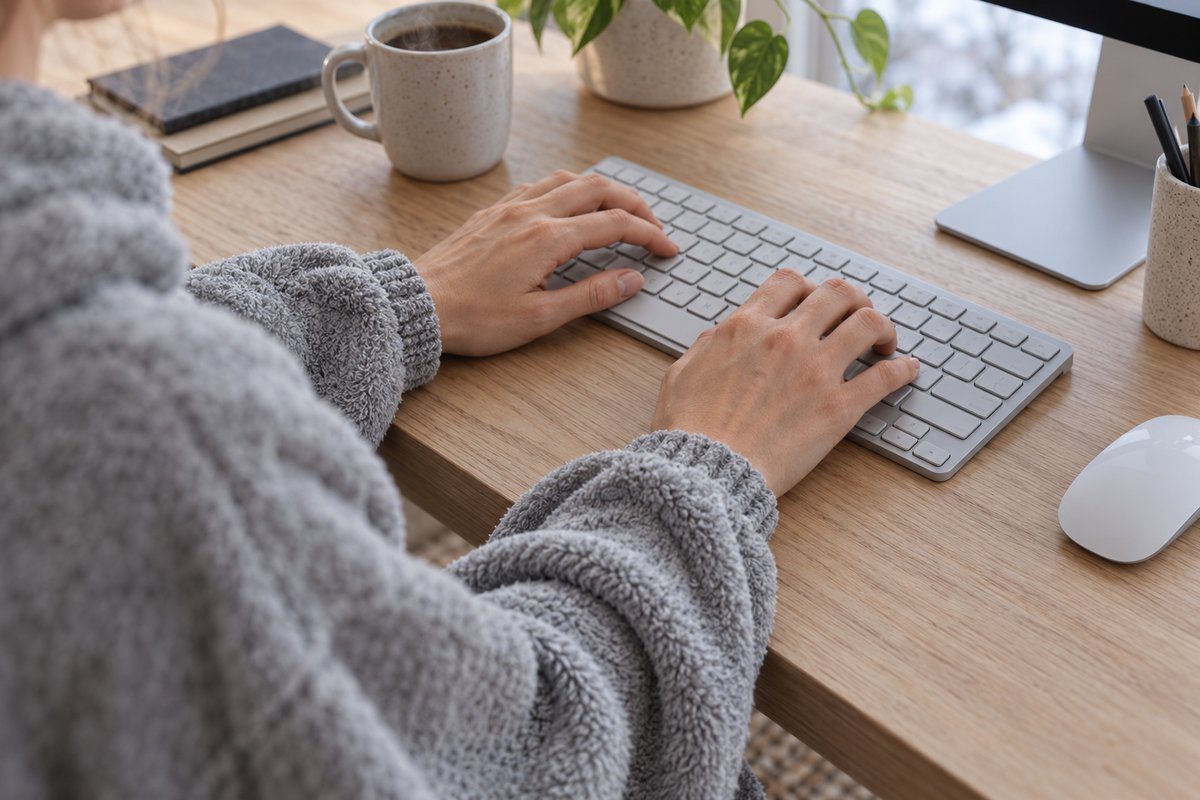 Mains sur un clavier avec manches de poncho polaire élastiques au-dessus des poignets