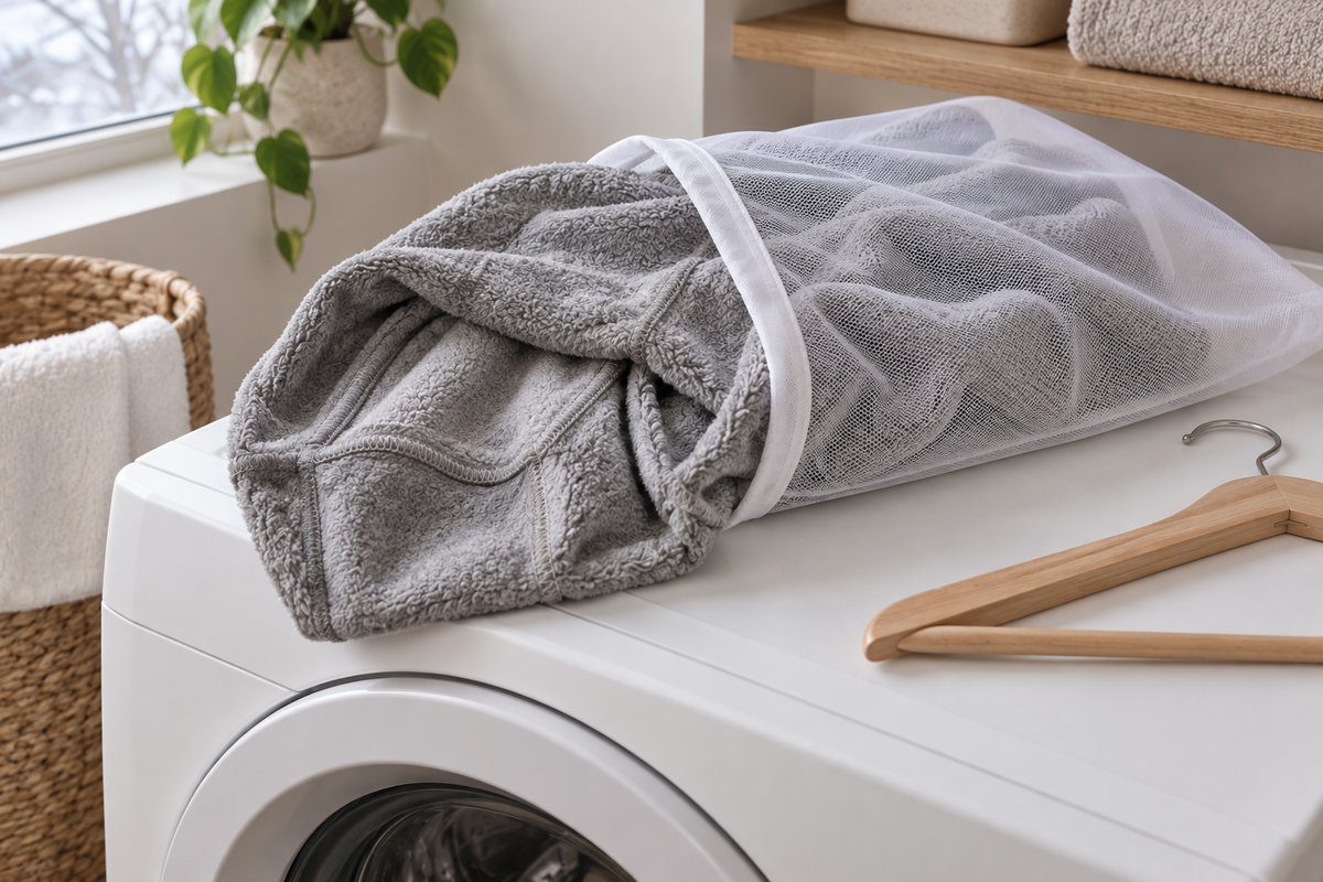 Poncho polaire gris retourné sur l'envers glissé dans un sac de lavage blanc