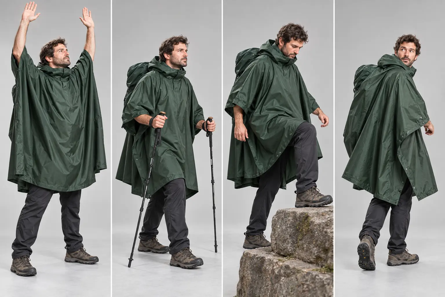 Quatre positions pour tester la mobilité d'un poncho de pluie porté sur un sac à dos